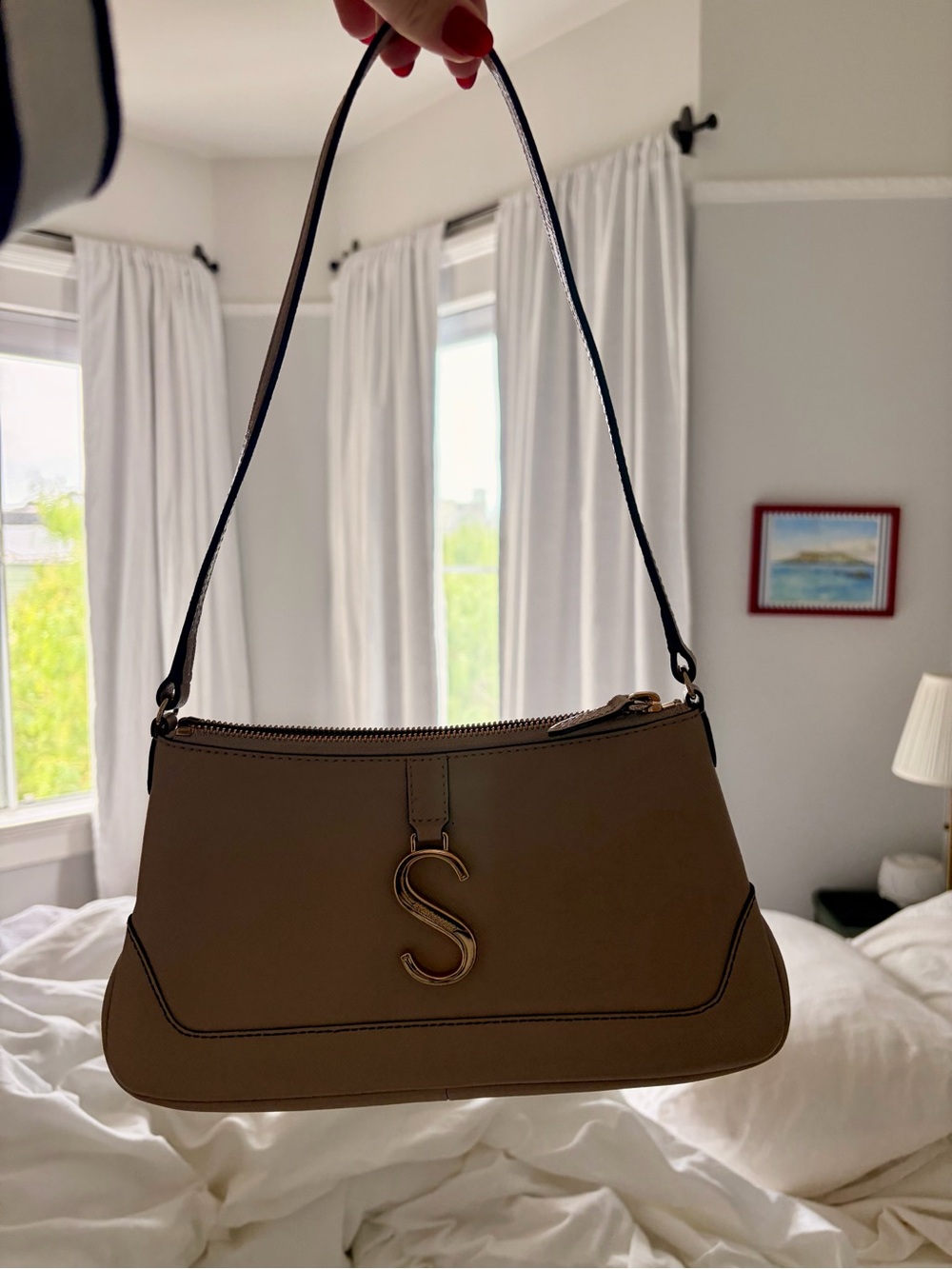 Strathberry S Shoulder Bag in Taupe Brown with Gold S